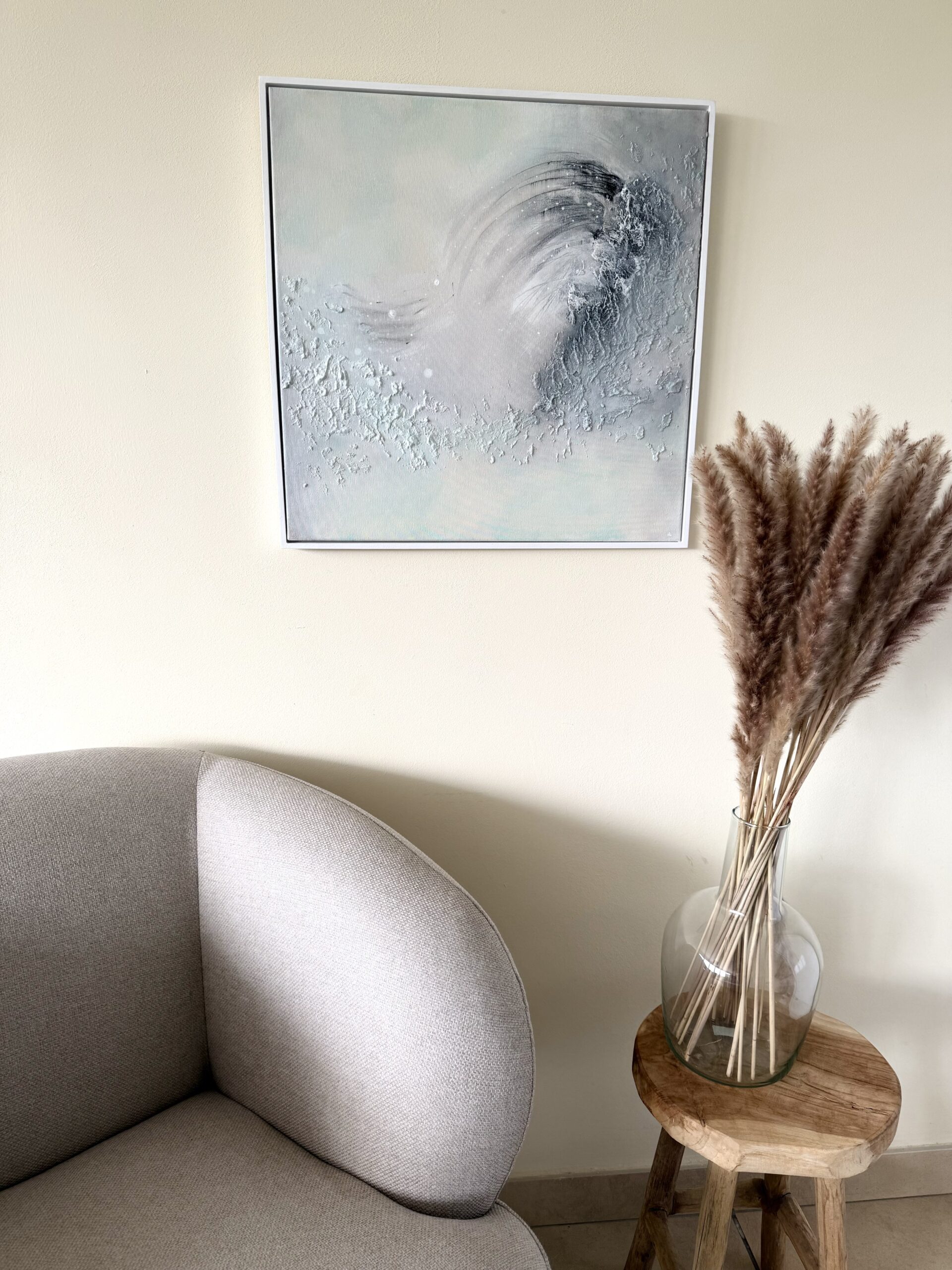 Convergence, peinture abstraite contemporaine Cal-lac aux nuances de vert clair, gris et blanc