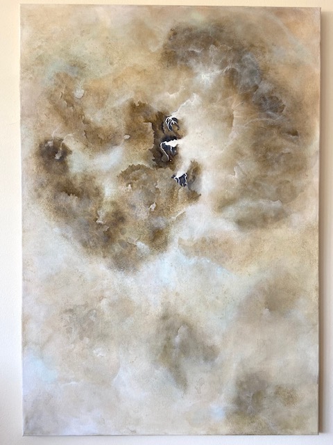 Nebula, peinture abstraite contemporaine Cal-lac aux nuances de brun, vert et jaune naples