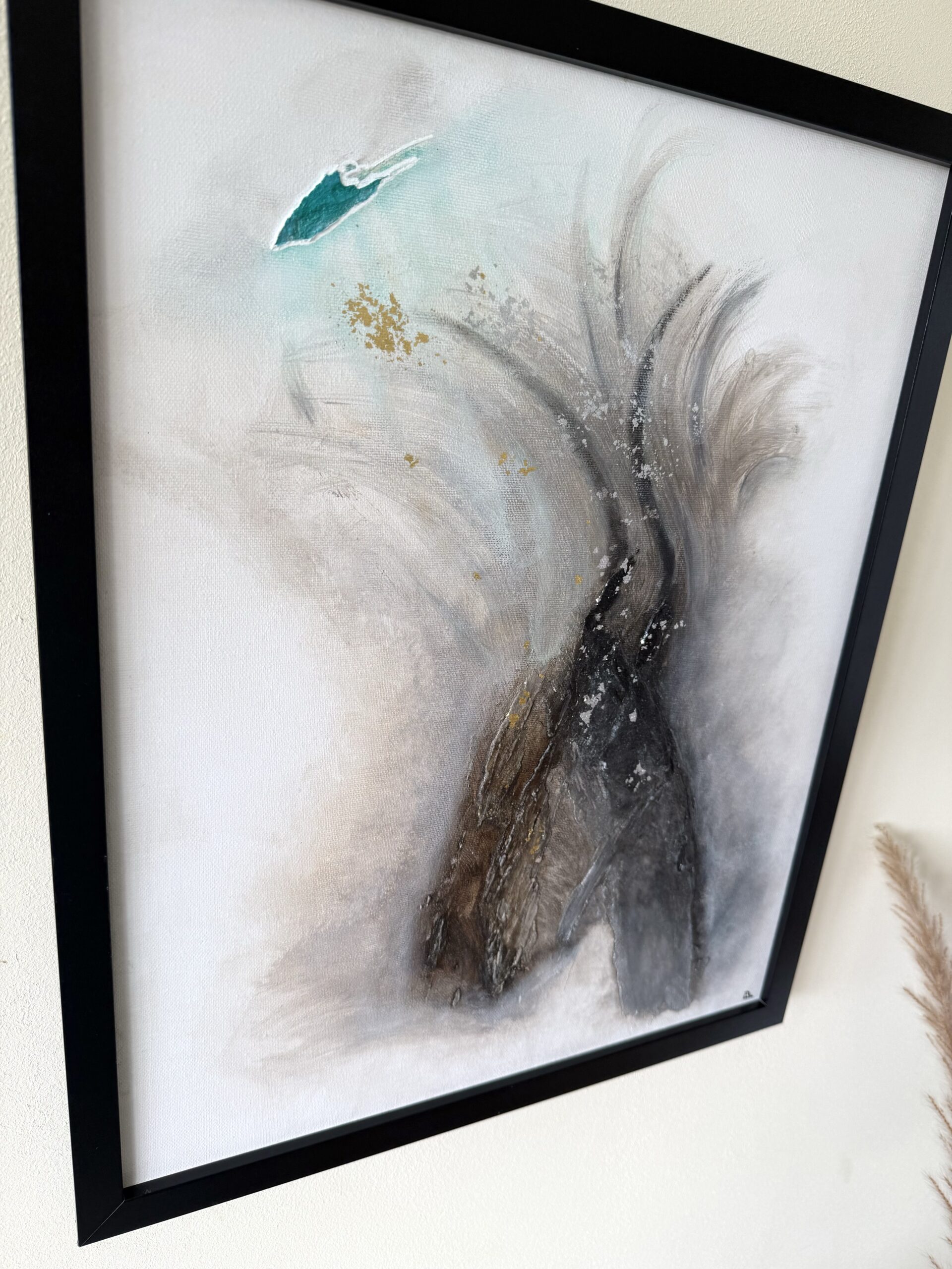 Liberation, peinture abstraite contemporaine Cal-lac aux nuances de brun, argenté et turquoise