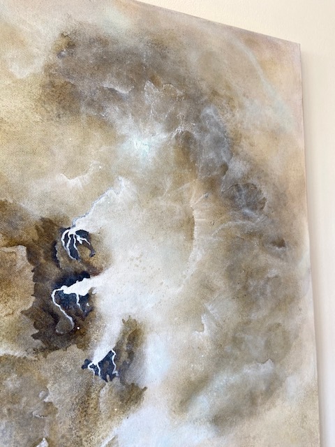 Nebula, peinture abstraite contemporaine Cal-lac aux nuances de brun, vert et jaune naples