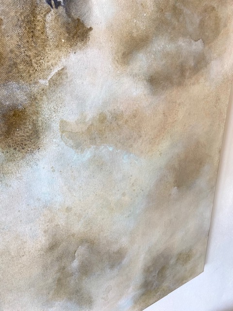 Nebula, peinture abstraite contemporaine Cal-lac aux nuances de brun, vert et jaune naples