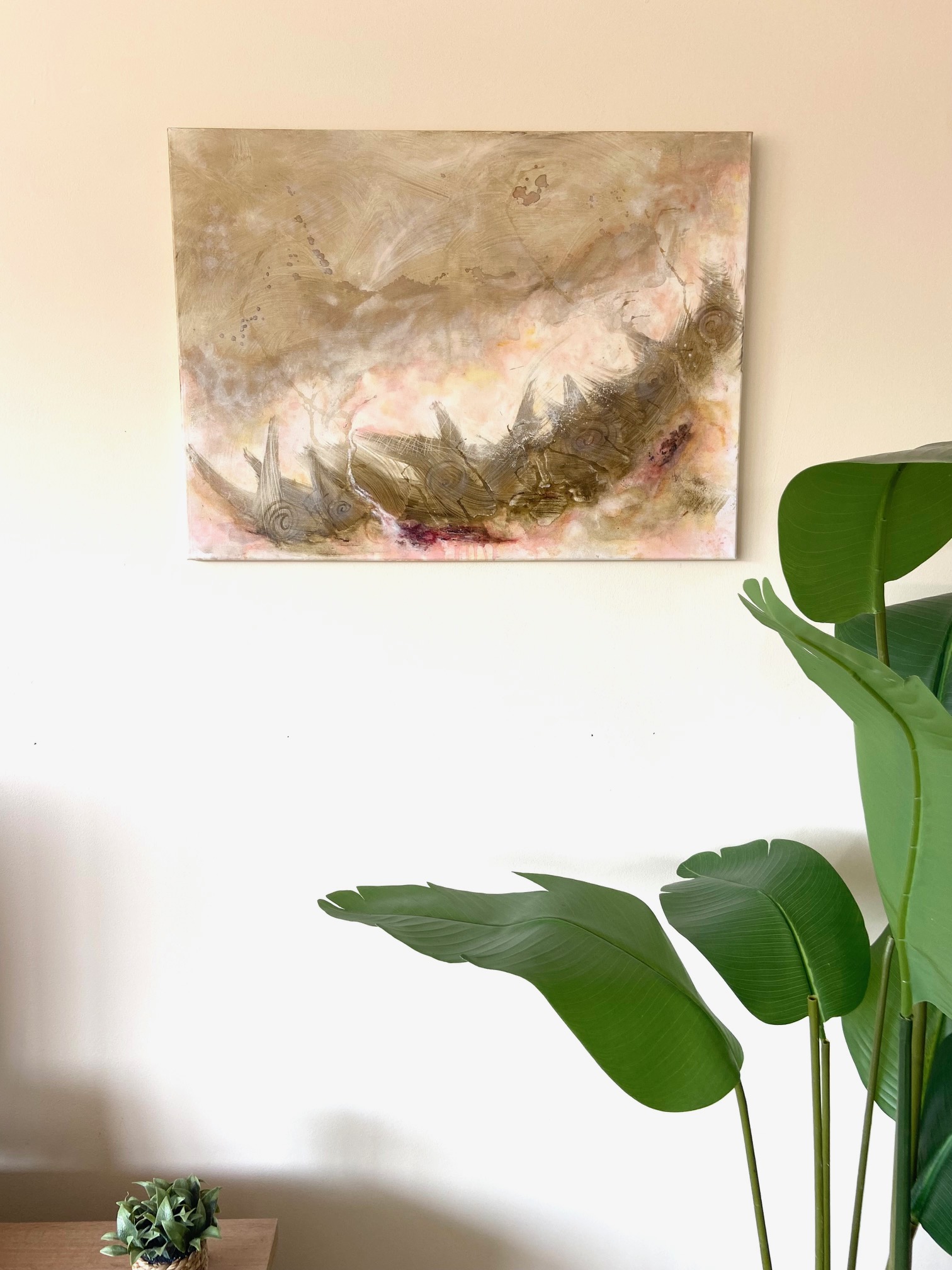 Remous, peinture abstraite contemporaine Cal-lac aux nuances bordeaux, kaki, ocre et pastel