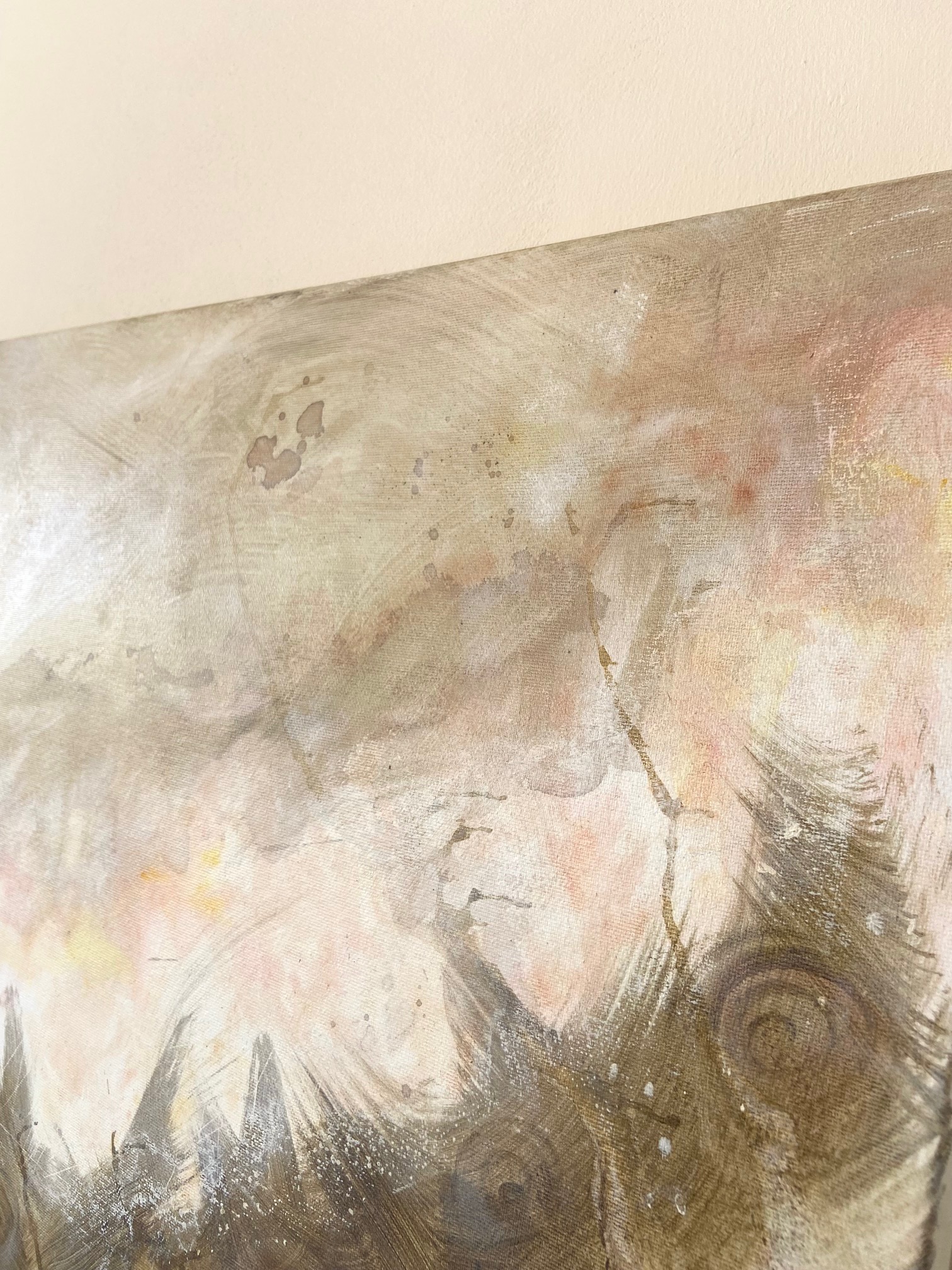 Remous, peinture abstraite contemporaine Cal-lac aux nuances bordeaux, kaki, ocre et pastel