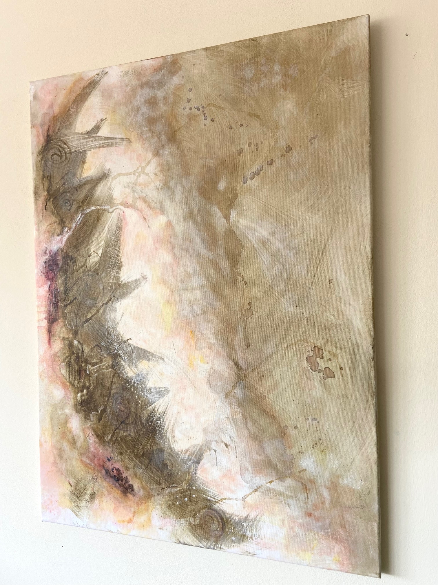 Remous, peinture abstraite contemporaine Cal-lac aux nuances bordeaux, kaki, ocre et pastel