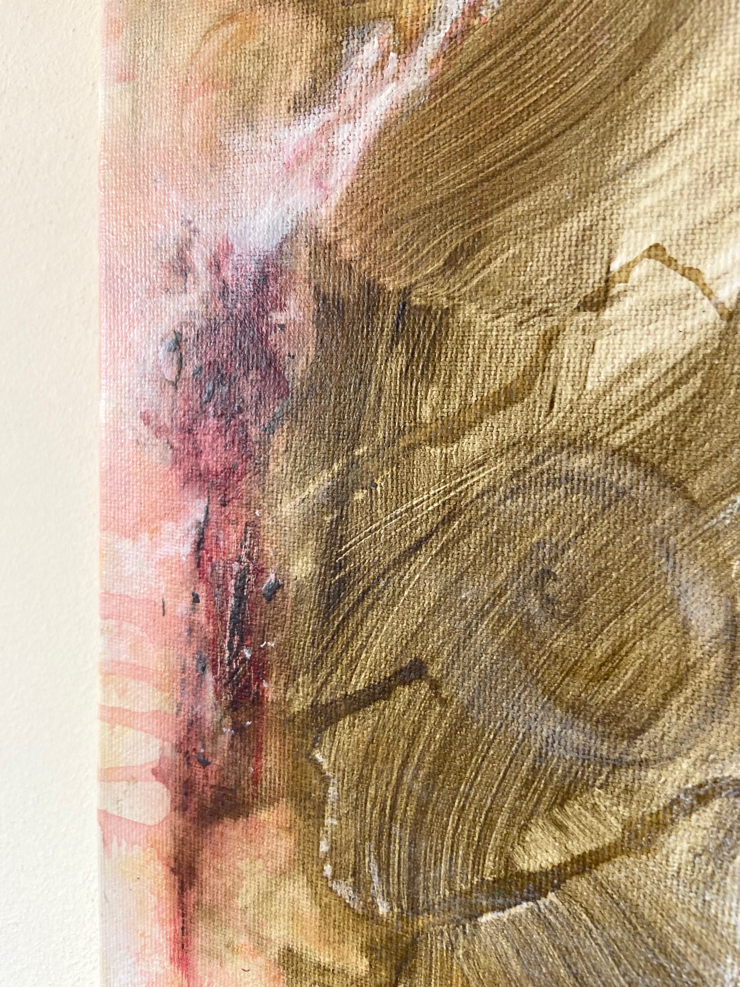 Remous, peinture abstraite contemporaine Cal-lac aux nuances bordeaux, kaki, ocre et pastel