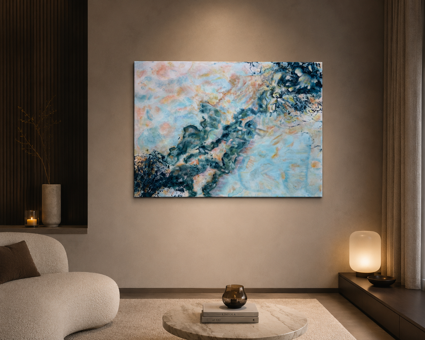 Entre-deux, peinture abstraite contemporaine Cal-lac aux nuances bleus de prusse, sierra burnt, orange, jaune, magenta, violet et blanc