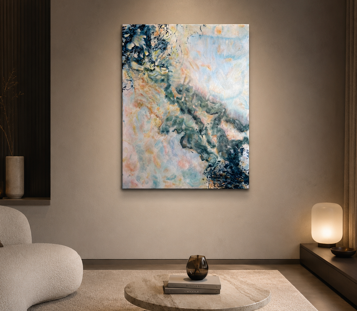 Entre-deux, peinture abstraite contemporaine Cal-lac aux nuances bleus de prusse, sierra burnt, orange, jaune, magenta, violet et blanc