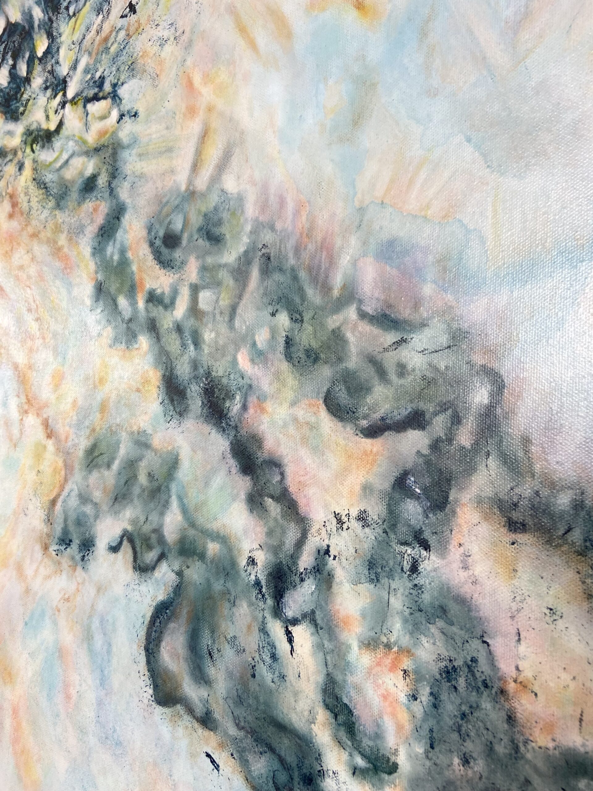 Entre-deux, peinture abstraite contemporaine Cal-lac aux nuances bleus de prusse, sierra burnt, orange, jaune, magenta, violet et blanc