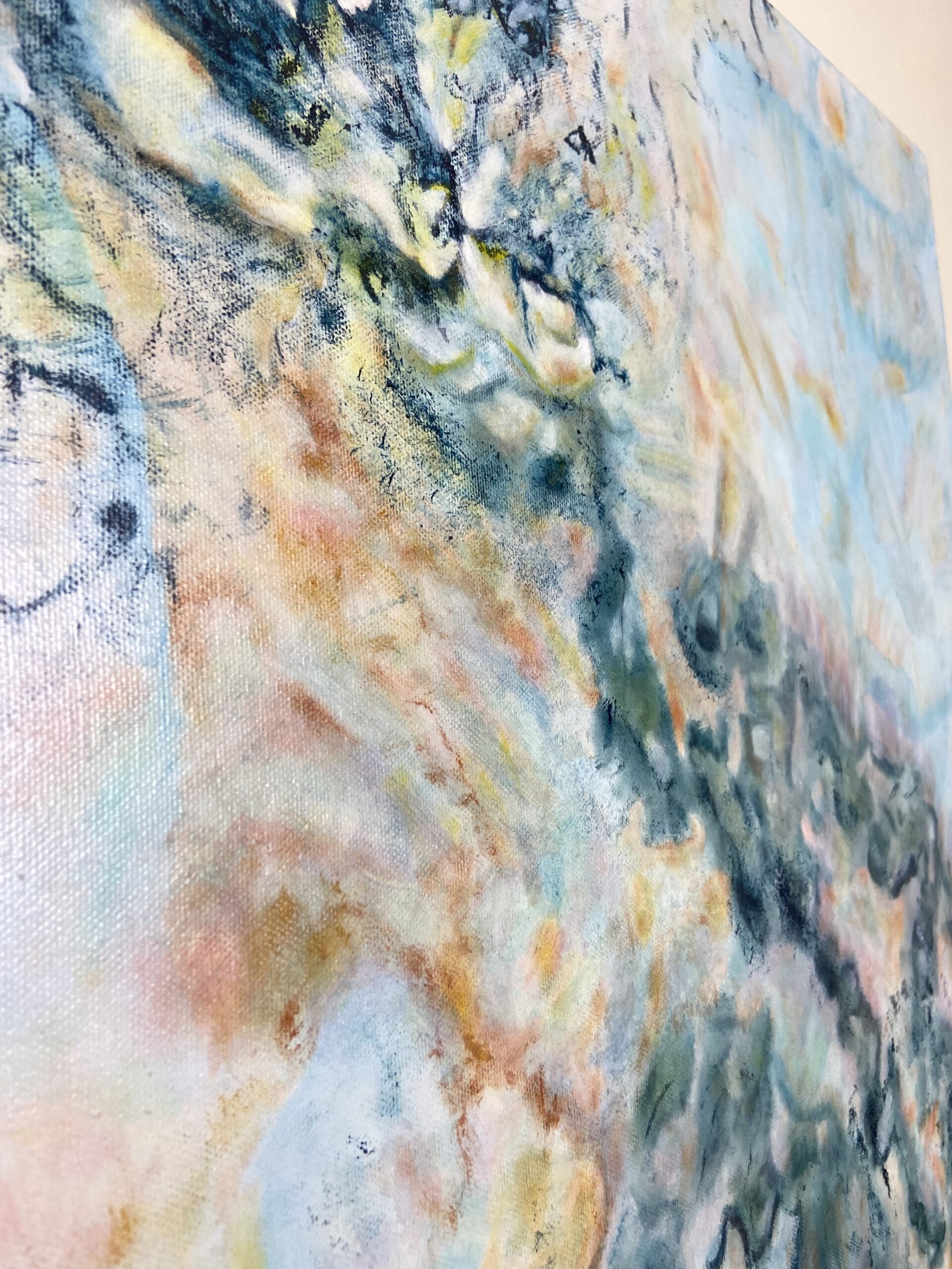 Entre-deux, peinture abstraite contemporaine Cal-lac aux nuances bleus de prusse, sierra burnt, orange, jaune, magenta, violet et blanc