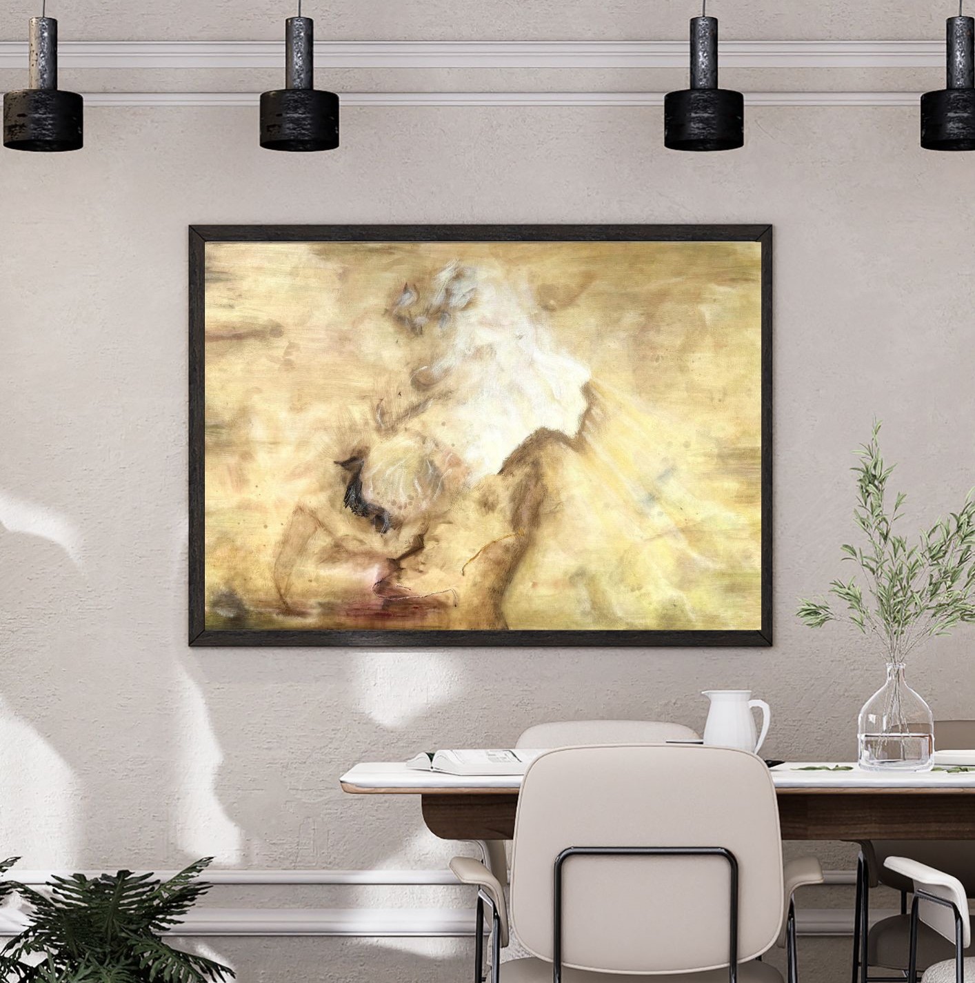 Toile abstraite contemporaine, tons ocre, blancs, bruns, olive