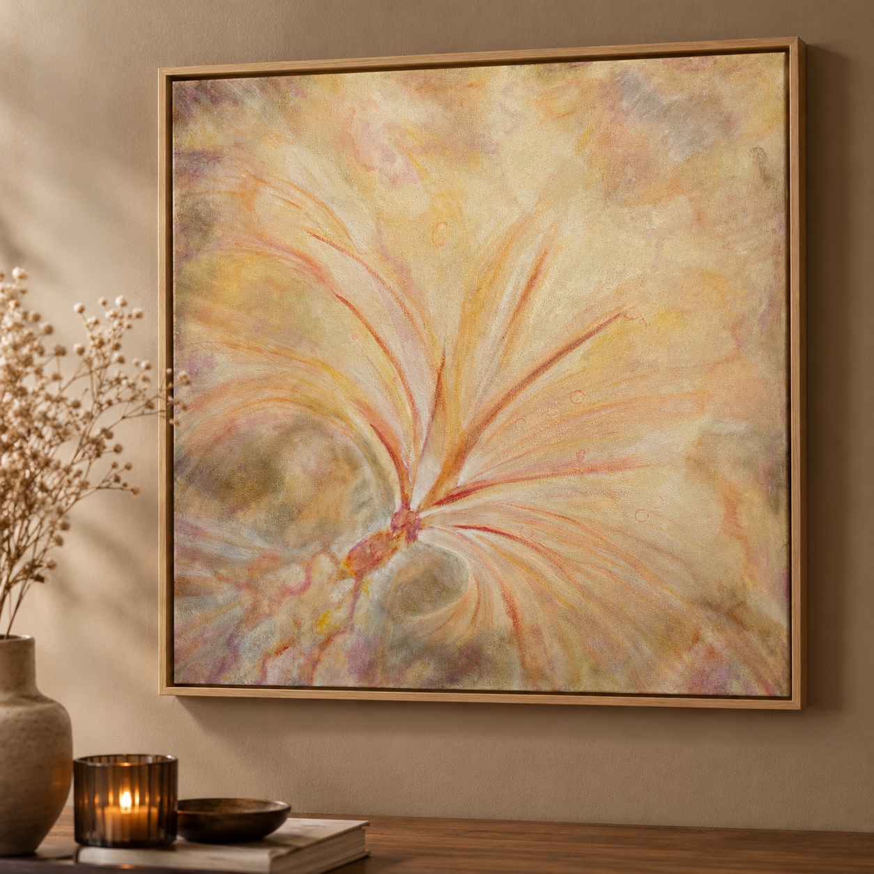 Et_si_cetait_vrai_50x50_oct_2026 (6) Transition, peinture abstraite contemporaine Cal-lac aux nuances de jaune, orange, ocre, violet